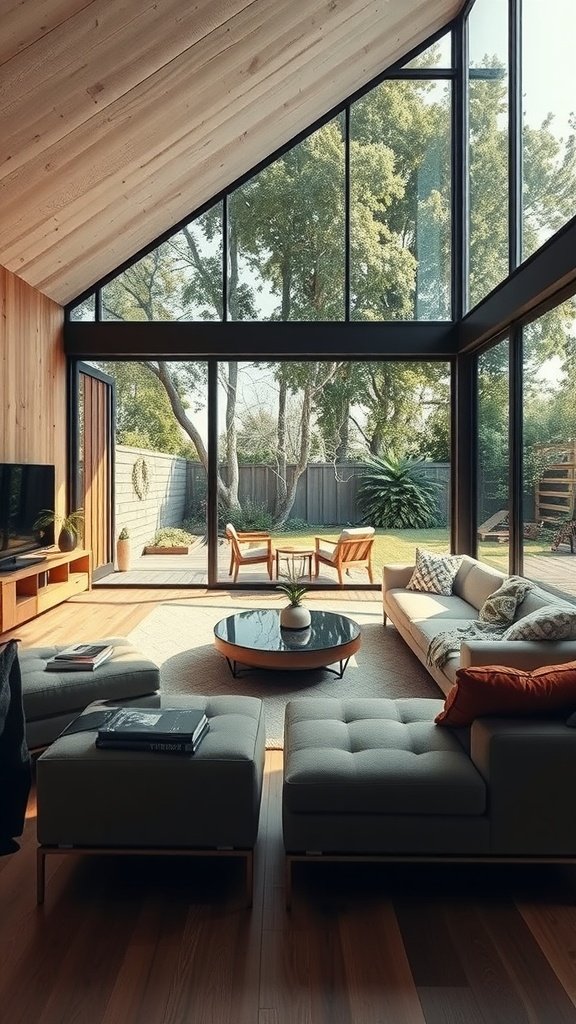 A modern living room with large windows showcasing a view of the garden, featuring a cozy seating area and natural wood accents.