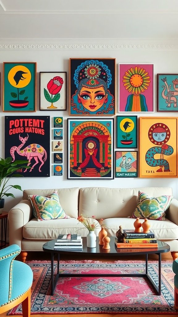A cozy living room featuring a variety of colorful art prints and posters on the wall.