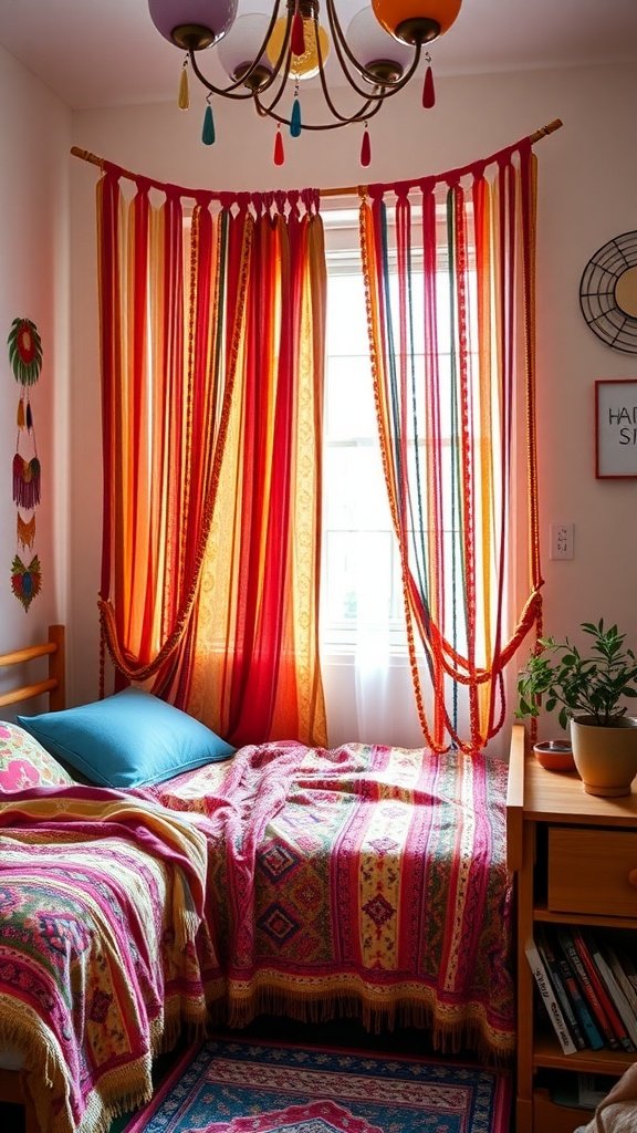 A bohemian-style bedroom featuring colorful beaded curtains, vibrant bedding, and a cozy atmosphere.