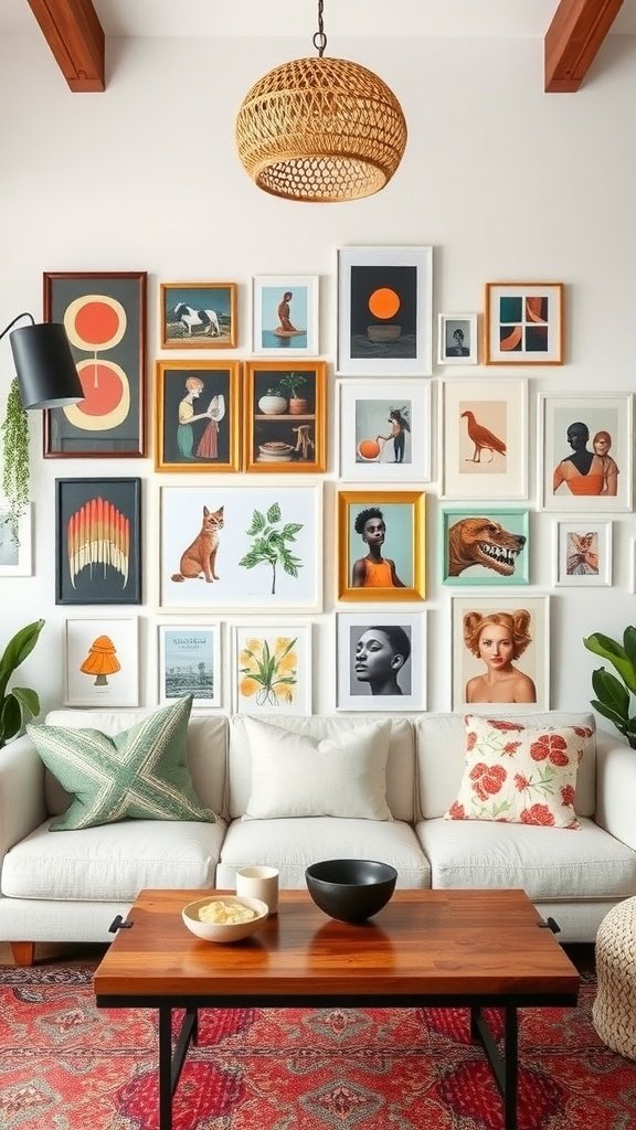Colorful gallery wall with assorted artwork above a white sofa in a boho living room