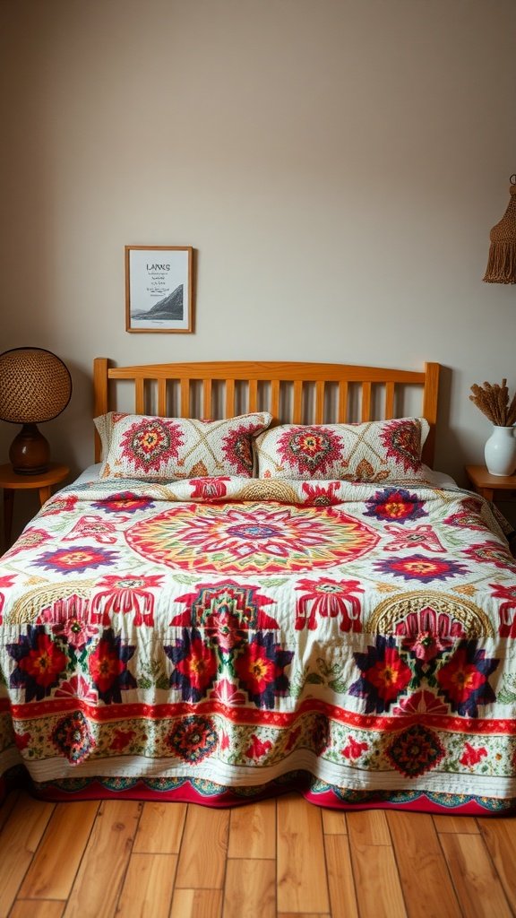 A cozy bed featuring a colorful quilt with intricate patterns.