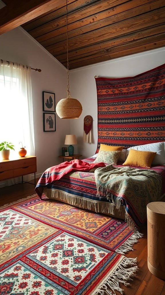 A boho bedroom featuring colorful textile layering with rugs, blankets, and decorative pillows.