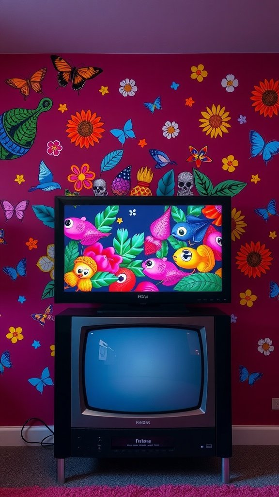 Colorful wall decals featuring butterflies, flowers, and skulls behind a TV.