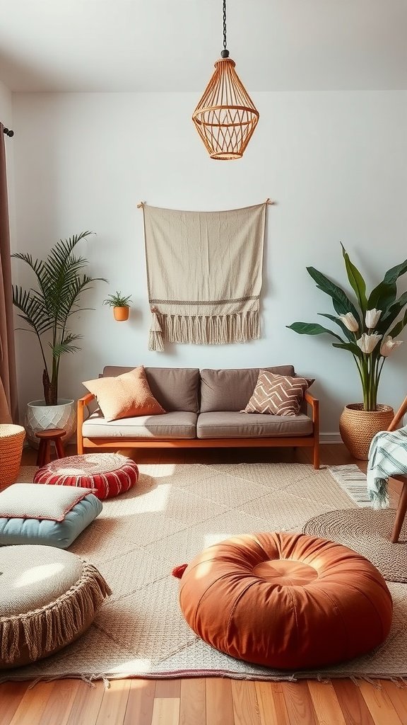A cozy living room featuring comfortable floor seating with colorful cushions and a warm rug.