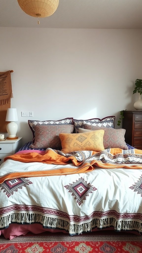 A cozy boho-style bed with layered bedding in earthy tones and patterns.