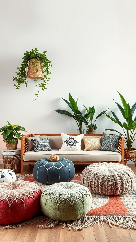 A cozy boho living room featuring a wooden sofa, colorful poufs, and indoor plants.