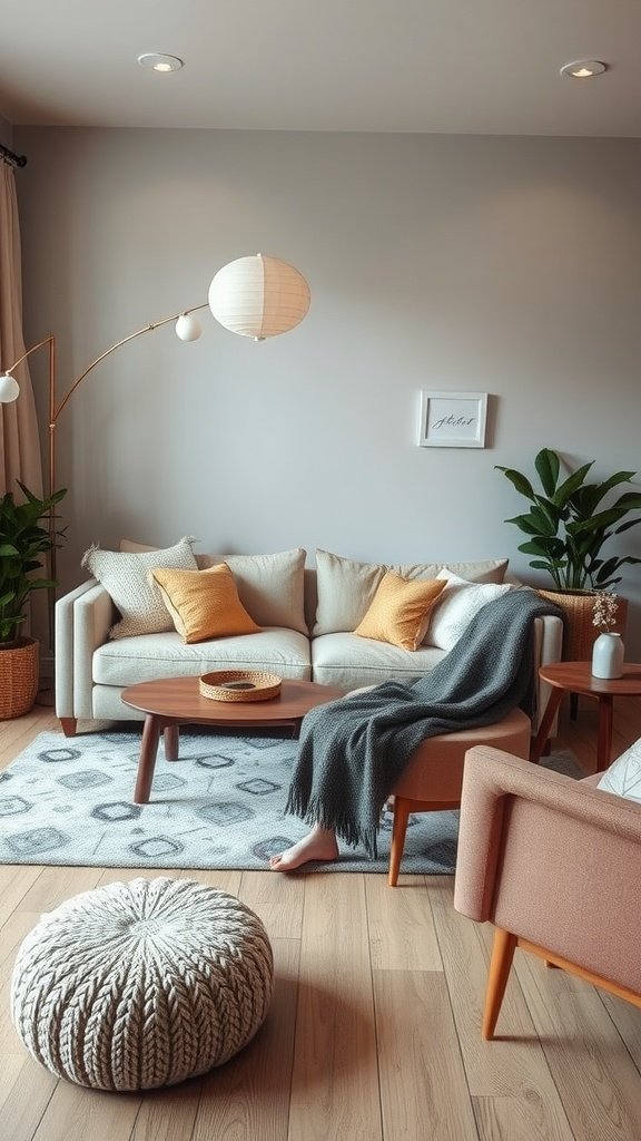 A cozy and minimalistic living room featuring a light sofa, accent chairs, a round pouf, and plants.