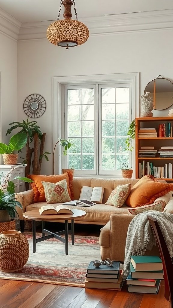 Cozy living room with a comfortable sofa, books, and plants.