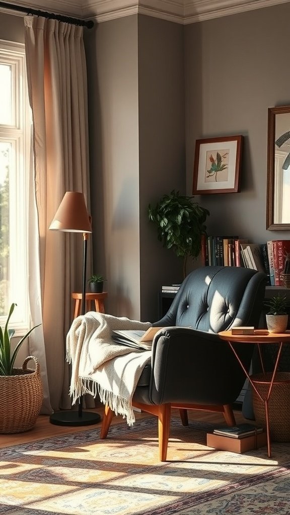 A cozy reading nook with a black armchair, a throw blanket, a small wooden table, and plants.