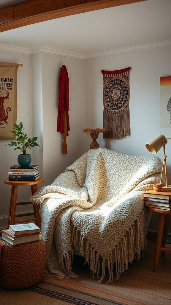 A cozy reading nook featuring a soft armchair with a blanket, side table with books, and decorative wall art.
