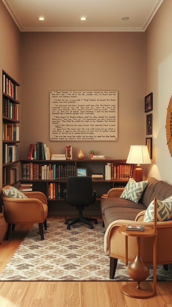 A cozy reading nook featuring warm brown tones, a sofa, armchairs, and bookshelves.