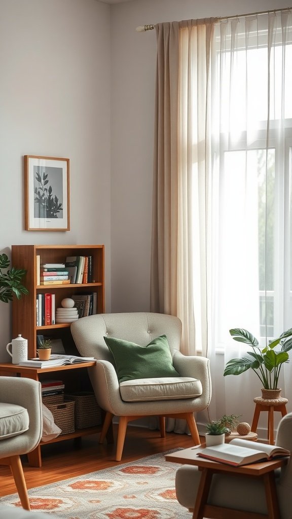 Cozy reading nook with armchair, bookshelves, and plants.