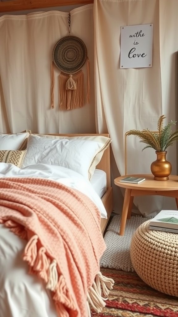 A cozy boho bedroom featuring a bed with a coral throw blanket, natural decor, and soft fabrics.
