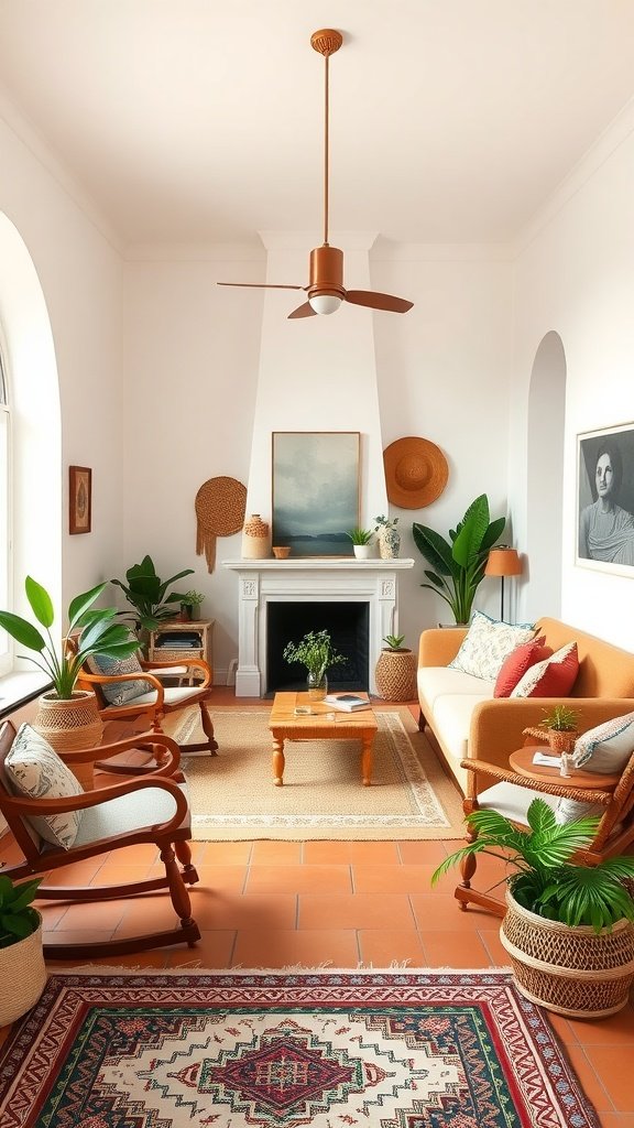 A modern living room featuring creamy white walls, terracotta floor tiles, and cozy furniture.