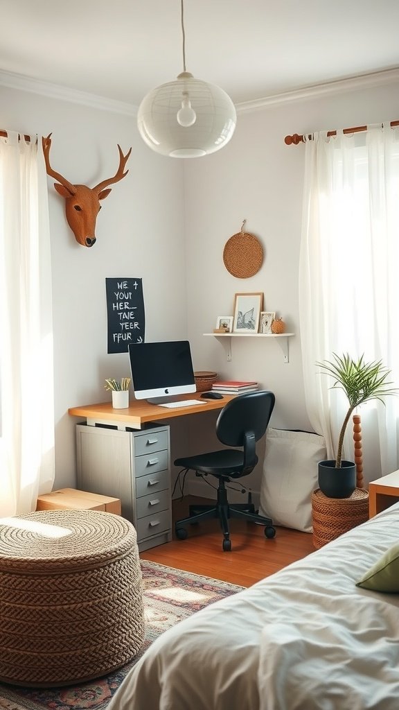 A cozy boho bedroom showcasing a workspace with a wooden desk, computer, and potted plants.