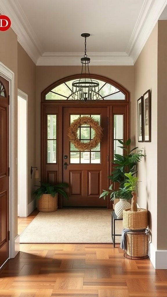 Welcoming brown entryway with wooden door, plants, and soft rug.