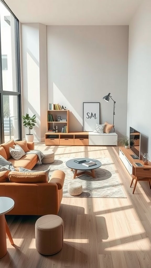 A bright, spacious living room with an orange sofa, coffee table, and shelves filled with books.