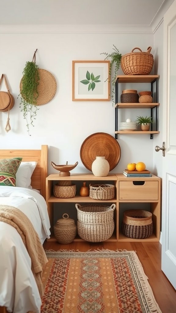 A boho-style bedroom corner featuring creative storage solutions with woven baskets and floating shelves.