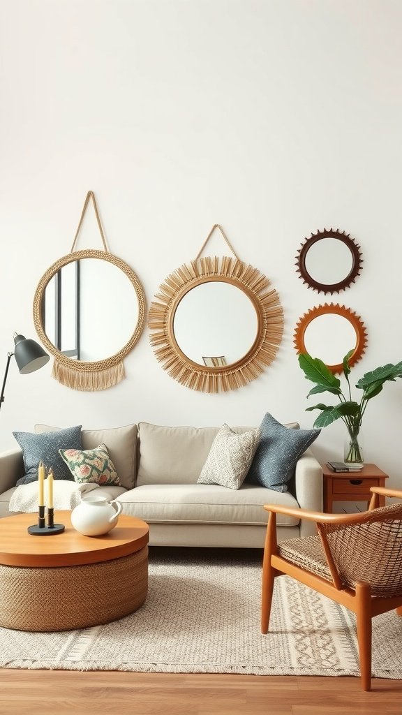A cozy living room featuring various decorative mirrors on the wall above a neutral sofa.