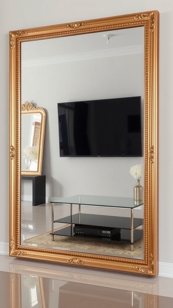 A large gold-framed mirror reflecting a TV and modern furniture.