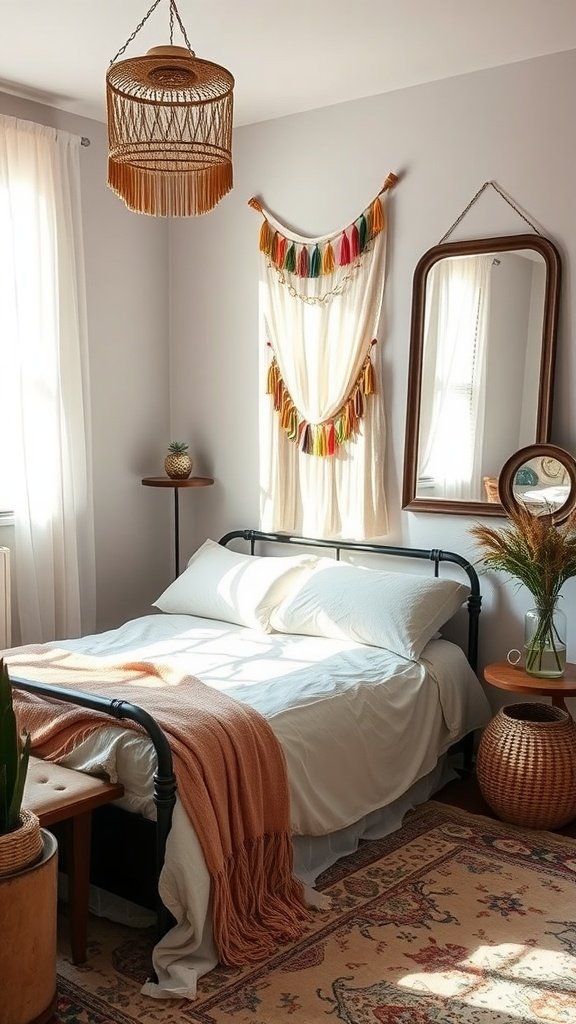 A cozy boho bedroom featuring a bed, plants, and mirrors.
