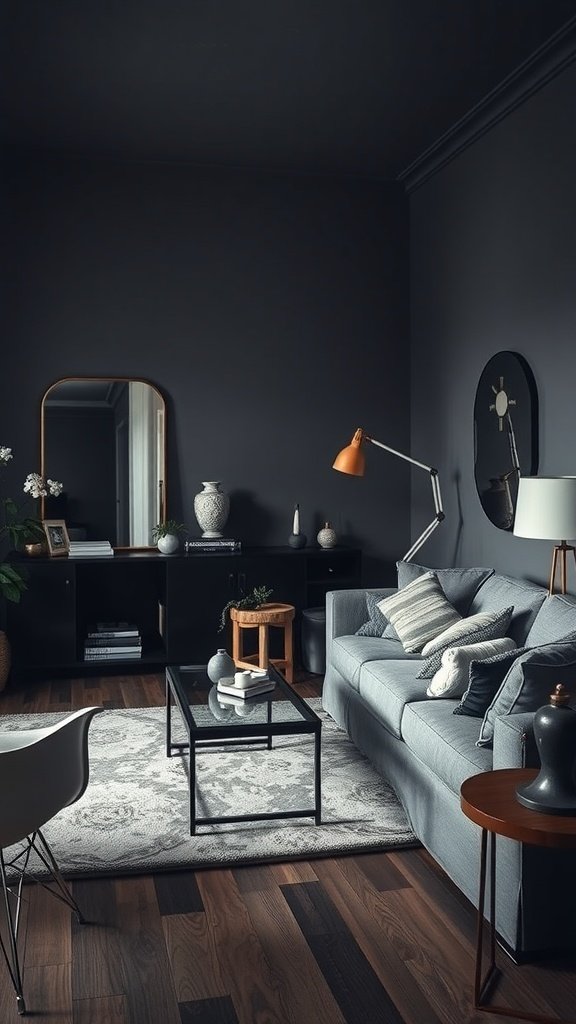 A moody boho living room featuring a dark wall, a stylish mirror, a cozy sofa, and elegant decor.