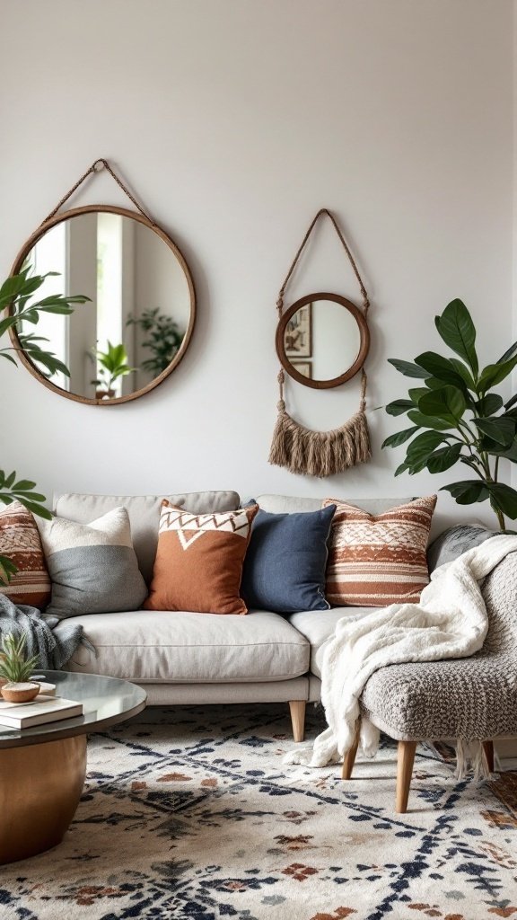 Cozy boho living room featuring a light couch, decorative pillows, and mirrors on the wall.
