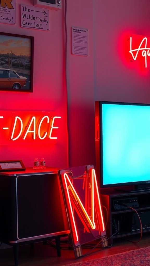 A cozy room featuring neon signs and a TV setup