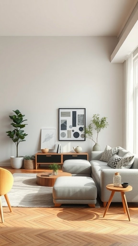 Boho Mid-Century Modern living room with plants, cozy furniture, and a warm color palette.