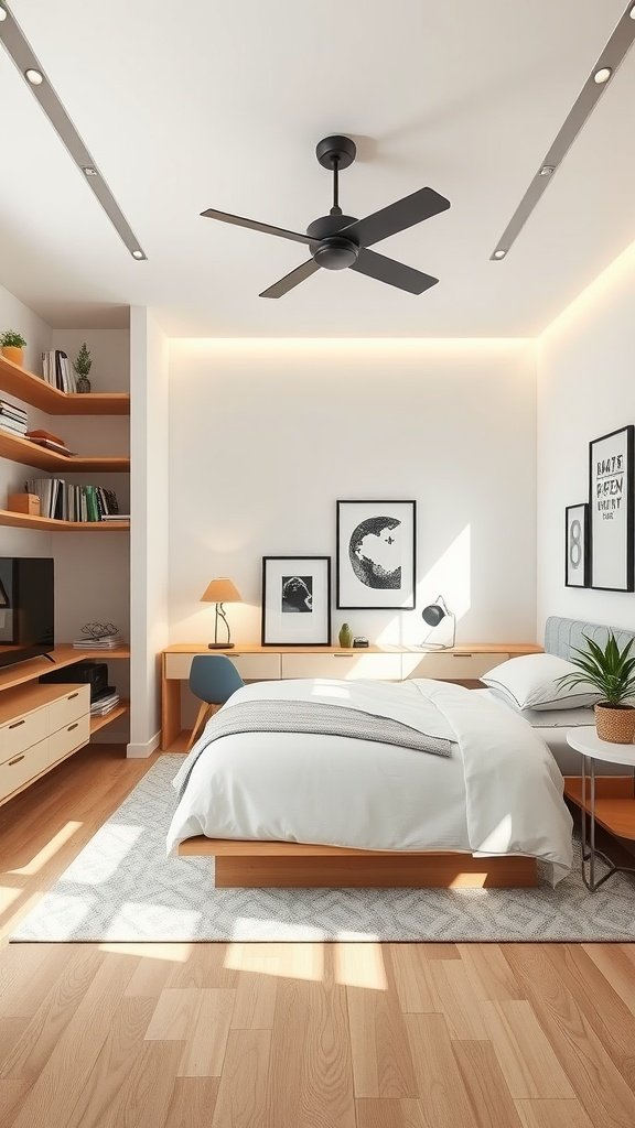 A modern boho mid-century bedroom featuring a bed, storage, and natural light.