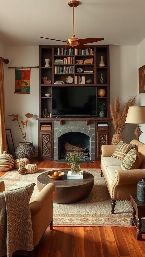 A cozy living room featuring earthy tones, natural materials, and cultural artifacts.