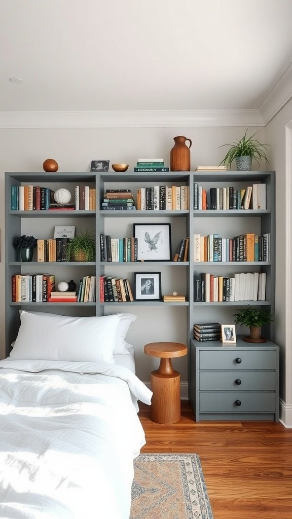 Stylish bookshelf in a boho mid-century modern bedroom