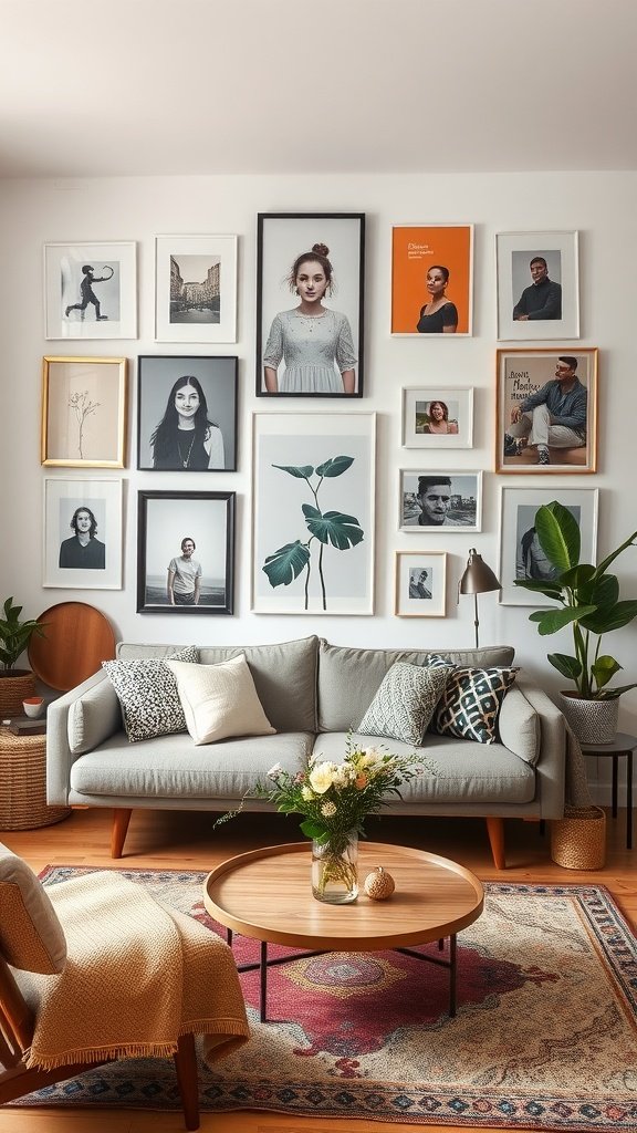 A cozy living room with a curated gallery wall, featuring a mix of framed photographs and artwork above a comfortable sofa.