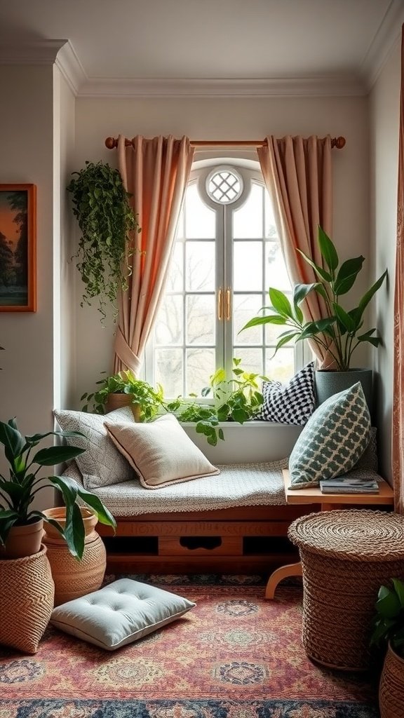 A cozy cushioned window seat surrounded by plants, featuring soft pillows and warm natural light.