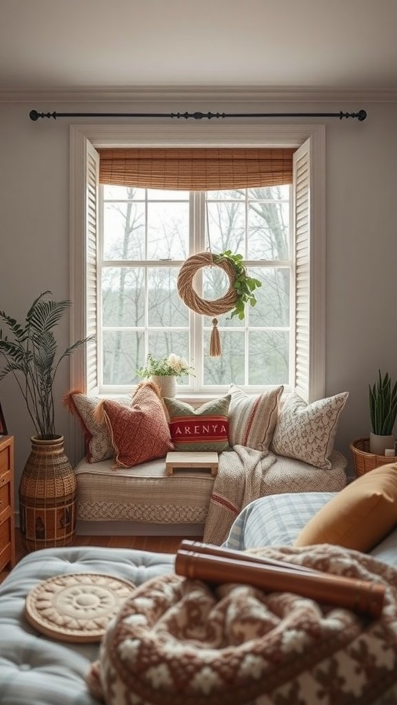 Cozy cushioned window seat with pillows and a warm throw, surrounded by plants and a view outside.