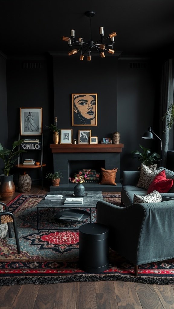 A stylish dark boho living room featuring deep colors and cozy decor.