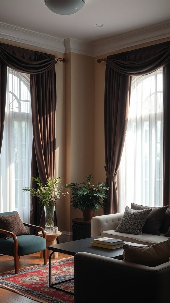 A stylish living room featuring dramatic dark curtains and a cozy seating area.