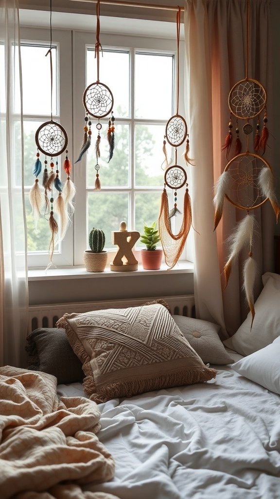 A cozy boho bedroom featuring dreamcatchers hanging by a window, soft textiles, and potted plants.