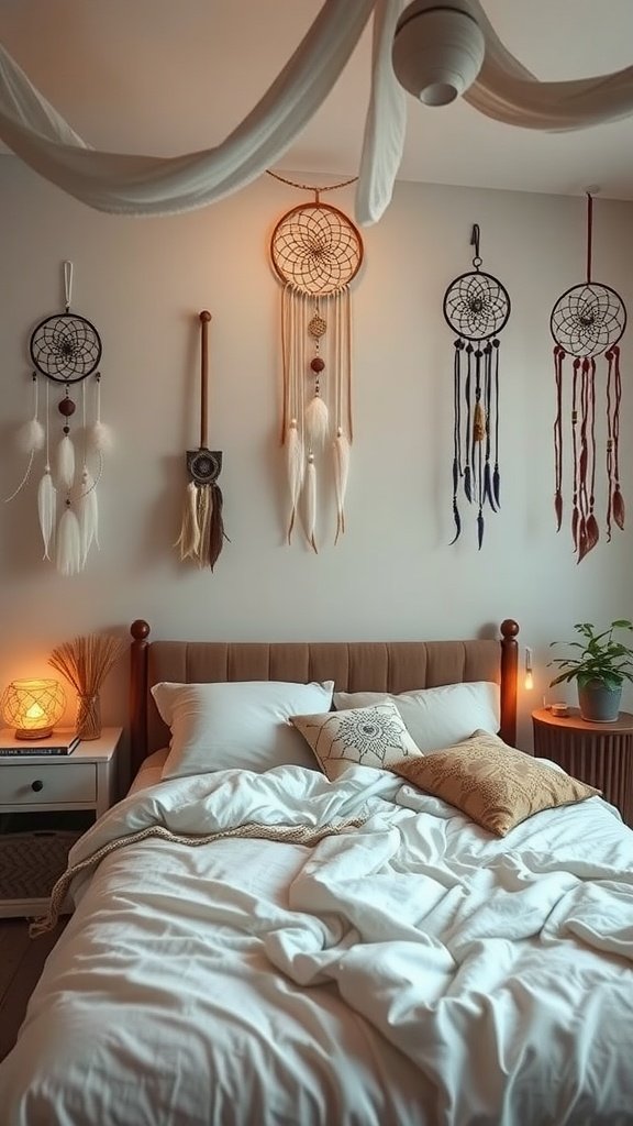 A cozy boho bedroom featuring dreamcatchers on the wall and a neatly made bed.