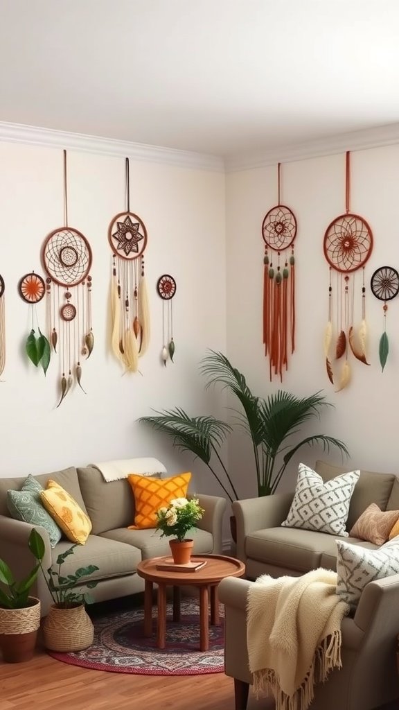 A cozy living room featuring multiple dreamcatchers on the wall, surrounded by plants and comfortable seating.
