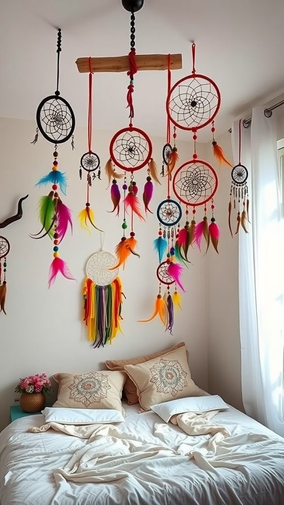 Colorful dreamcatchers hanging above a bed in a boho bedroom setting.