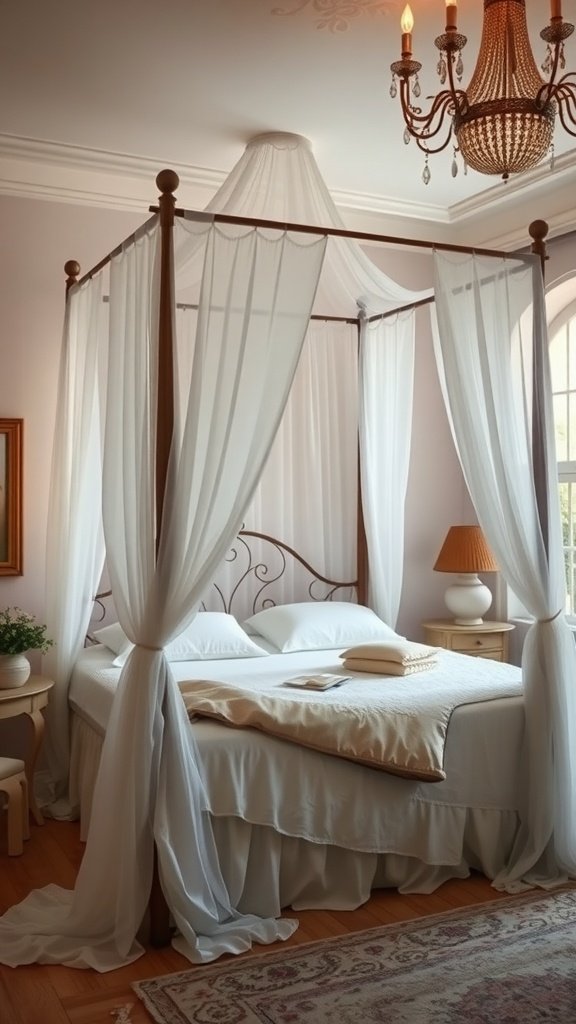 A cozy bedroom featuring a wooden canopy bed with sheer white curtains, soft pillows, and a chandelier above, creating an elegant and inviting atmosphere.