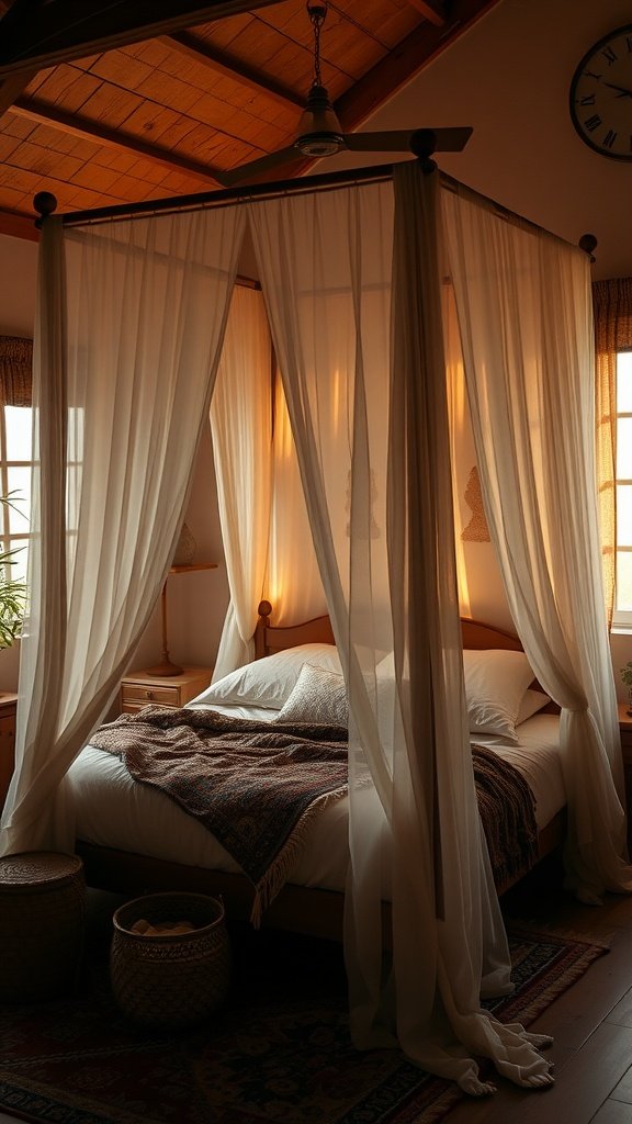 Cozy bedroom with a canopy bed draped in sheer curtains, warm lighting, and natural decor.