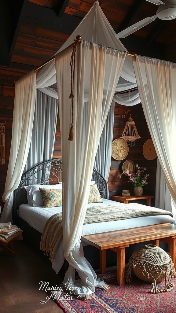 A beautifully styled boho bedroom featuring a canopy bed with soft drapes, wooden furniture, and decorative elements.