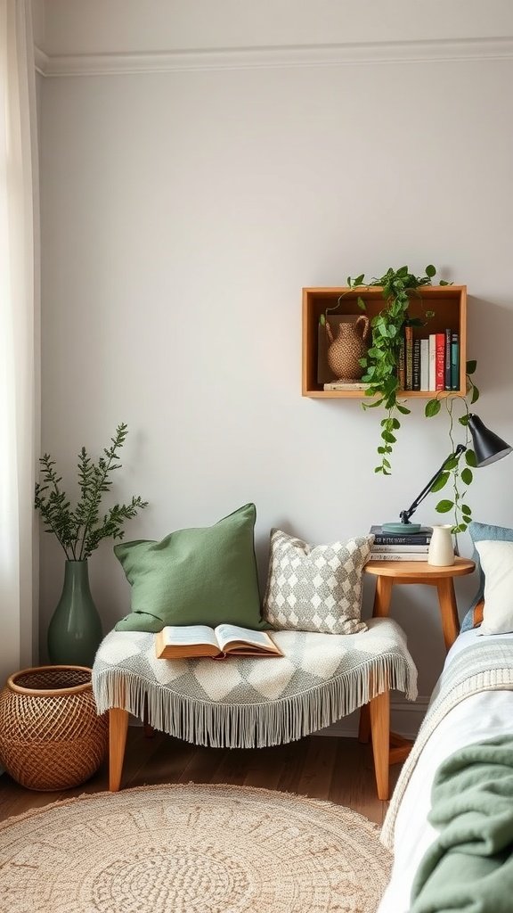 Cozy sage green reading nook with cushions, an open book, and plants