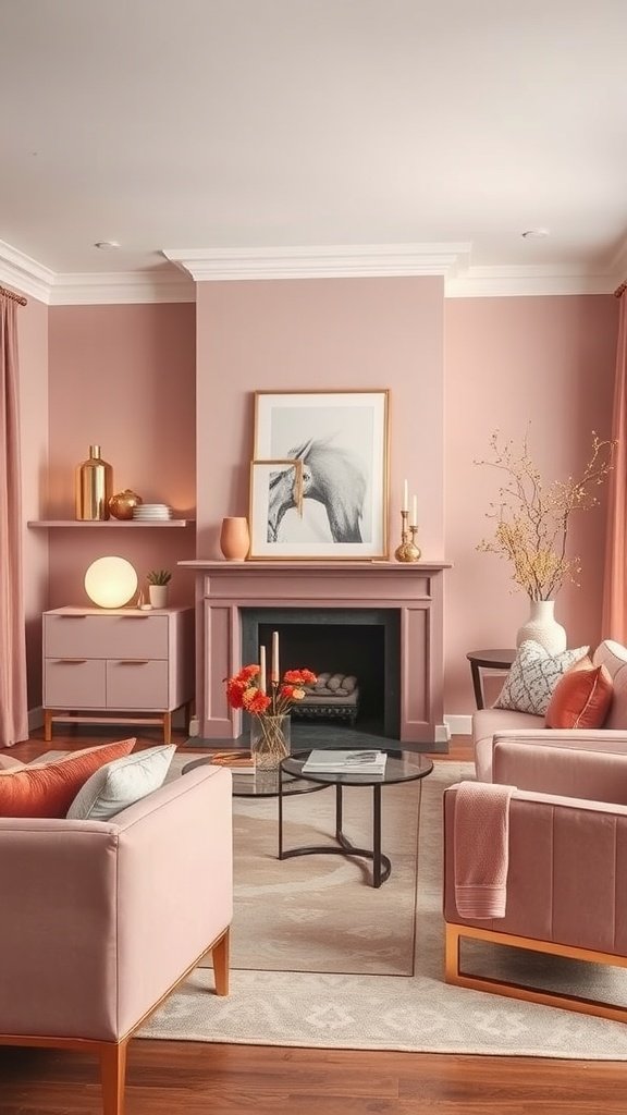 A modern living room featuring dusty rose walls, pink furniture, and metallic gold accents.