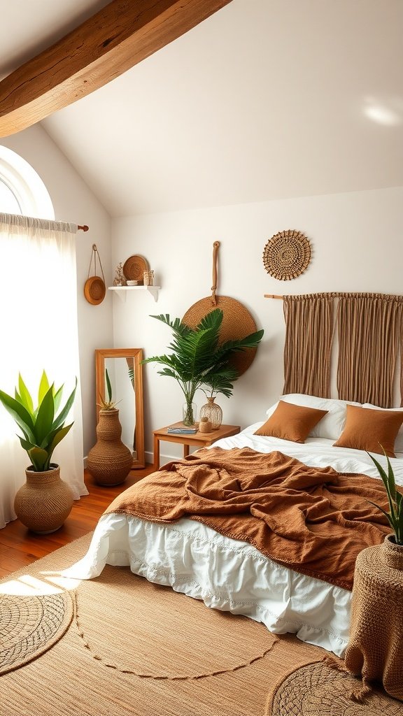A cozy boho bedroom featuring an earthy color palette with brown, beige, and green elements.