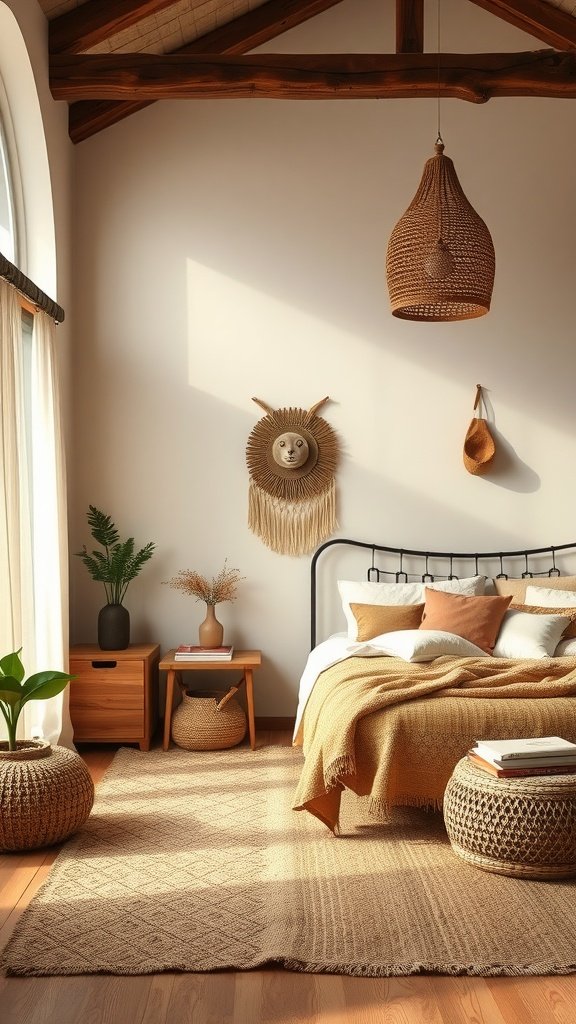 A cozy boho bedroom with earthy tones, featuring wooden beams, woven decorations, and plants.