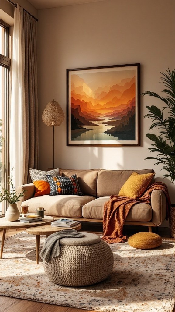 A cozy living room featuring earthy tones with colorful accent pillows, a stylish rug, and a beautiful landscape painting.