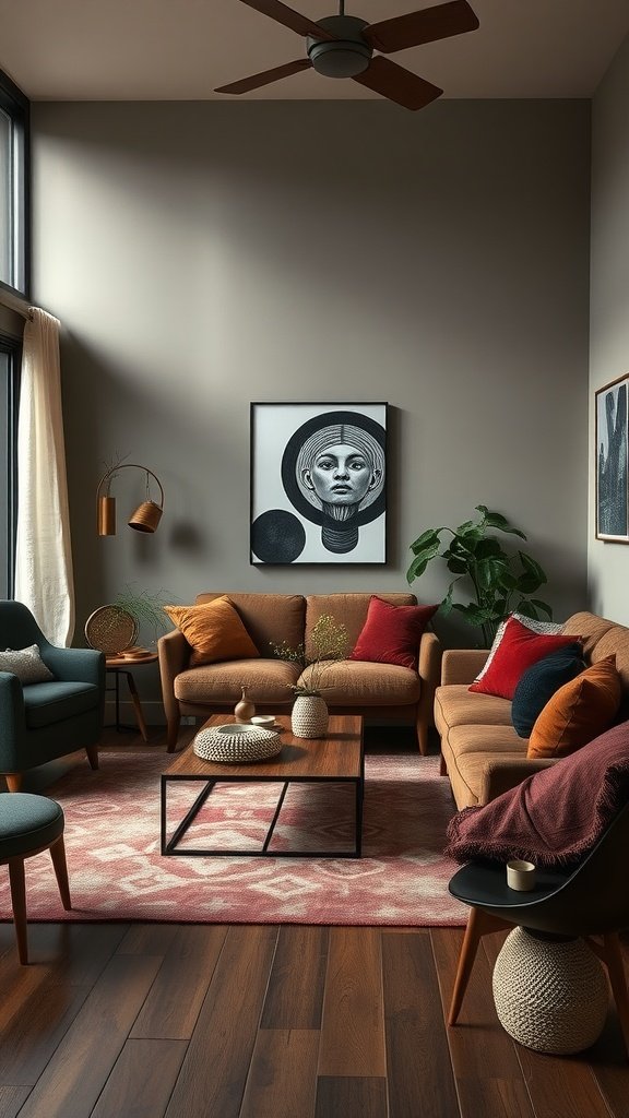 A moody boho living room featuring earthy color palettes with brown sofas, green chairs, and decorative plants.